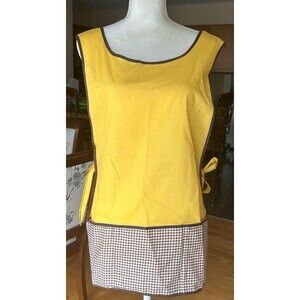 Vtg Apron Mustard Yellow & Brown 3 Pockets Homespun 1970 s Cottage Grandma Core